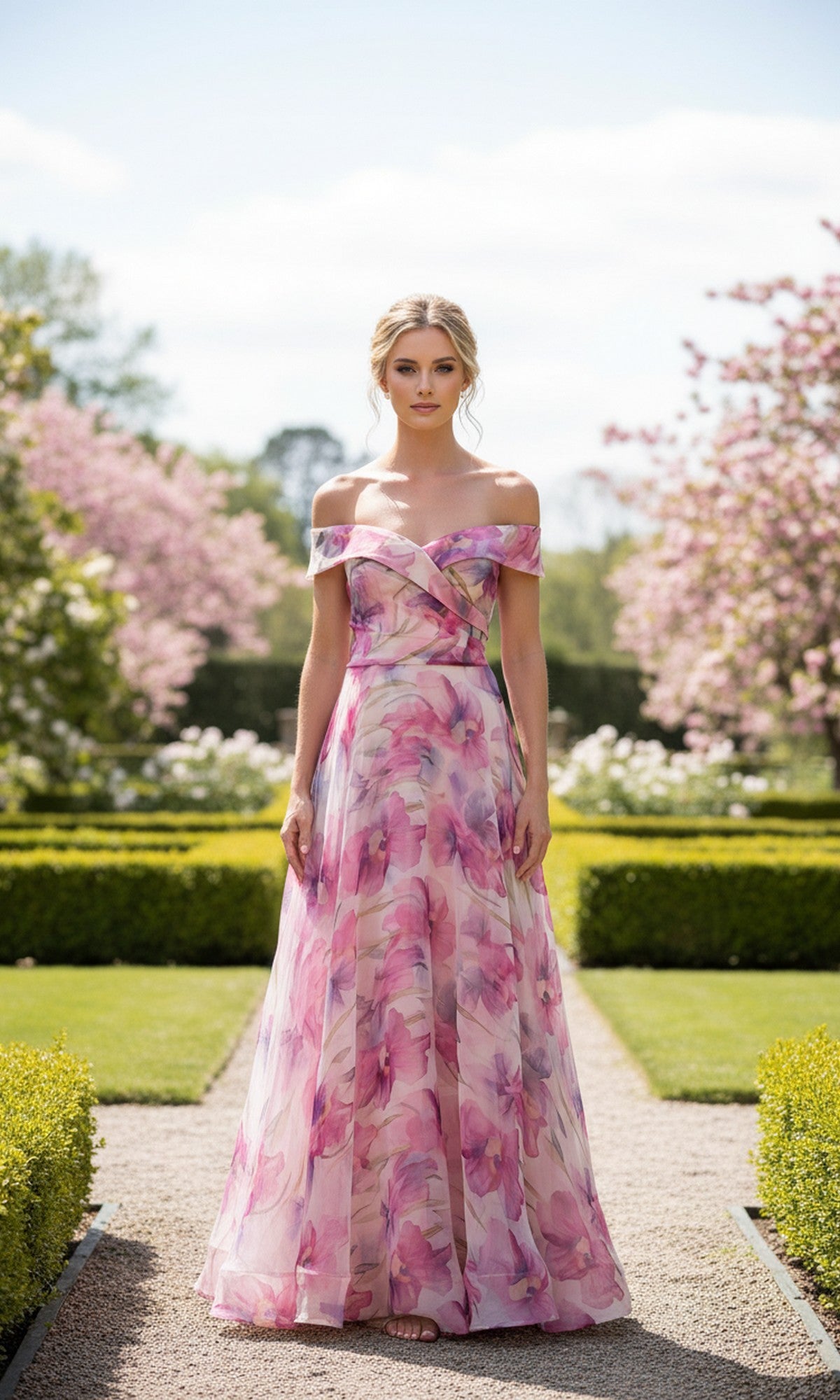 A woman stands on a garden path in the La Femme 33710 Long Prom Dress in multi, surrounded by blooming trees and manicured hedges under a clear sky.
